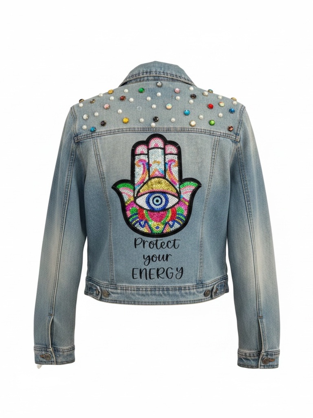 Denim Jacket with Colorful Hamsa Patch - Light Blue